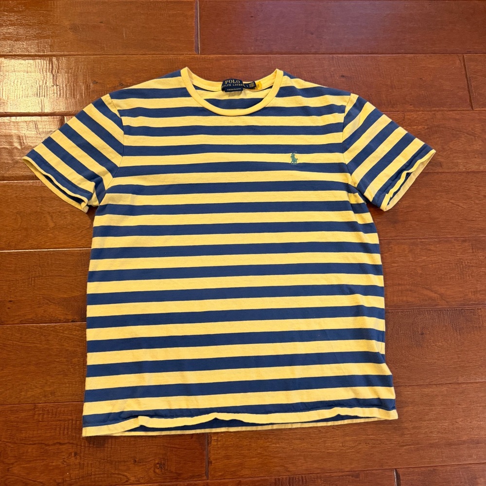 Polo Ralph Lauren T-Shirt Mens Large Yellow Blue Striped Custom Slim Fit Tee